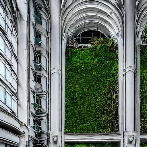 Image similar to “derelict architecture single building , the windows are covered in moss with growing vines, building designed by architect Zaha Hadid, architecture digest, building surrounded in a luxury environment, bright tones, fluorescent lighting,volumetric Lighting, photorealism, high detail, golden ratio, cinematic, octane renderer”