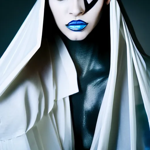 Image similar to high fashion photography of a model in neo futurism white sci - fi makup, transparent cloth, beautifully lit