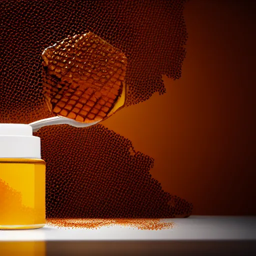 Prompt: octane render of honey pouring onto white table, realistic, render, 3 d, detail, minimalism,