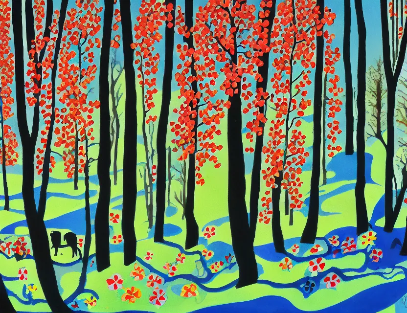 Image similar to winter woods where there's an animal god of ( flowers ). gouache, limited palette with complementary colors, children's cartoon, backlighting, bold composition, depth of field.