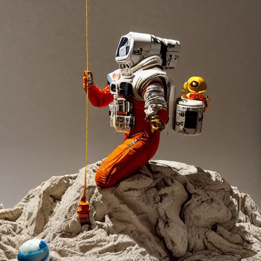 Image similar to a space admiral tethered to an asteroid, with spaceship, space backdrop, everything made of papier - mache canon 5 d 5 0 mm lens, diorama, newspaper,