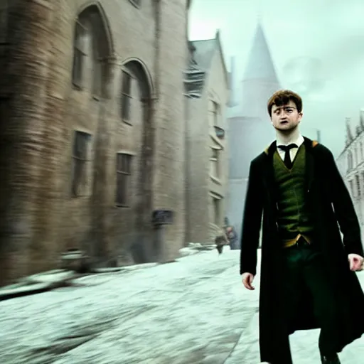 Image similar to Daniel radcliffe as harry potter, epic wide shot, cinematic shading, widescreen, motion blur, warm colors, directed by Christopher Nolan and Asher Duran