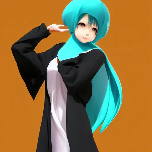 Prompt: hatsune miku dressed in a headscarf covering her head and modest dark baggy clothes, hijab anime, vray