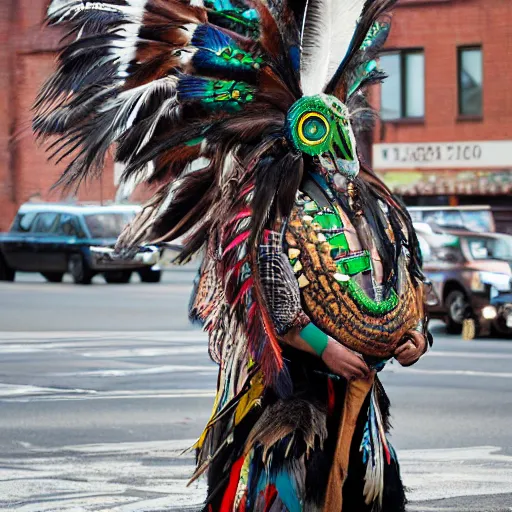 Image similar to an indigenous shaman dressed with a quetzalcoatl feathered serpent riding a feathered serpent in manhattan bridge