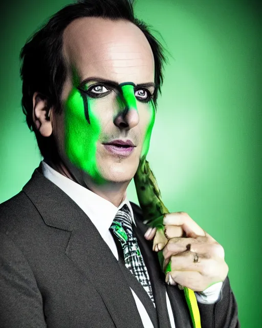 Image similar to Will Arnett as Beetlejuice, makeup, dark green hair, cinematic lighting, 4k photograph