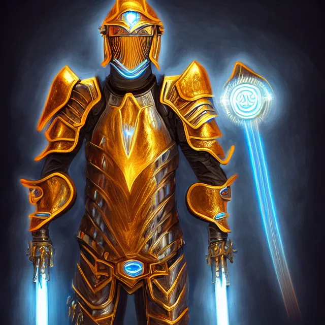 Prompt: digital realistic painting of a futuristic magicpunk intricate armor holy paladin with light powers, highly detailed, 4 k, hdr, smooth, sharp focus, high resolution, award - winning photo