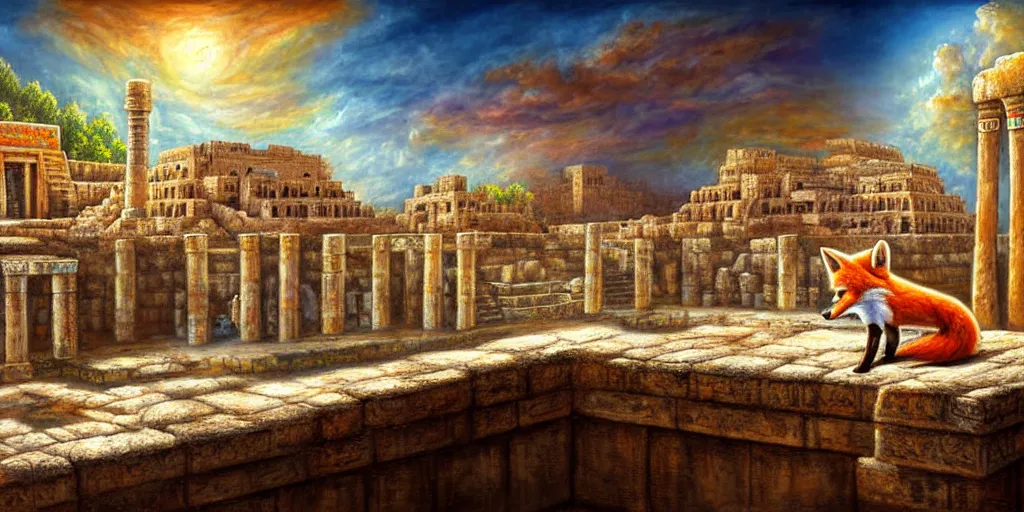 Prompt: illusion painting hidden temple : an adorable small fox in the huge ruins of the second temple in jerusalem in the distance. the third temple hovers quietly hiding in the dreamy clouds above. a hooded bearded old man in a brown tunic laughing, colorful 8 k, art station, intricate superb details, digital art, illusion painting hidden image.