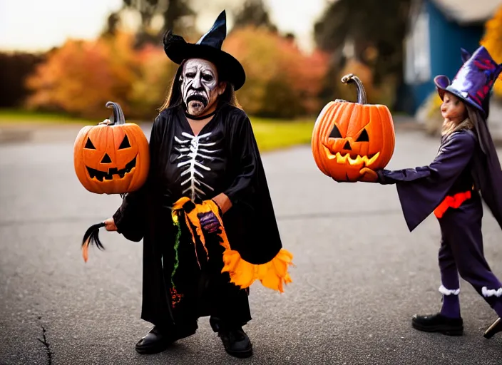 Image similar to dslr photo still of danny trejo trick or treating on halloween, 4 k, 1 2 0 mm f 1 6