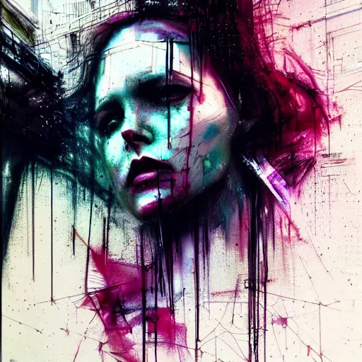 Prompt: a dark cyberpunk dream of wires broken skulls skin cybernetic machines and decay moody hyperrealism 8 k photo atmospheric by jeremy mann, francis bacon and agnes cecile, ink drips paint smears digital glitches glitchart