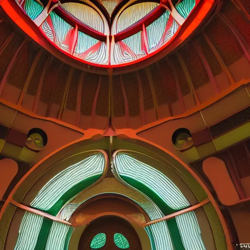 Image similar to alien interior with arched windows, inspired by Frank Lloyd Wright, natural sunlight, bright colors, romantic greenery, cinematic, lofi, calming, dramatic, fantasy, by Moebius, by zdzisław beksiński, cyberpunk LUT, high contrast, epic composition, sci-fi, dreamlike, surreal, angelic, 8k, unreal engine, hyper realistic, fantasy concept art,