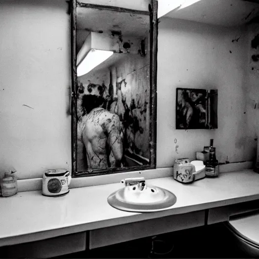 Prompt: a wide angle 3 5 mm film photography of a dirty cluttered bathroom somewhere in eastern europe, evocating a feeling of child wonder and endless possibilities