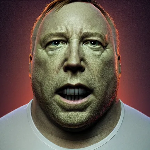 Prompt: hyperrealistic mixed media image of info wars alex jones ( ( bullfrog head ) ), stunning 3 d render inspired art by xiang duan and thomas eakes and greg rutkowski, perfect facial symmetry, hyper realistic texture, highly detailed realistic attributes and atmosphere, dim volumetric cinematic lighting, 8 k octane render, post - processing, masterpiece,