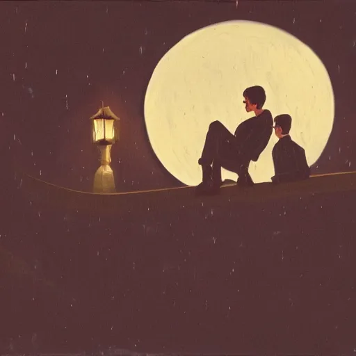 Image similar to two young men, one man human, one man vampire, night, on a birdge, in the style of once piece