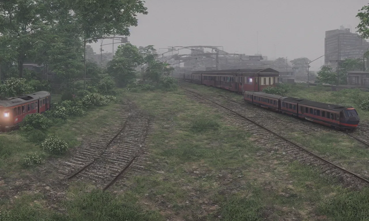 Prompt: a train, at the train station, the movie the garden of words by makoto shinkai, a little bright, light rain, moist, 8 k, unreal engine