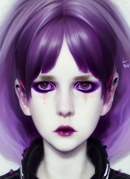 Prompt: portrait of white teenage girl, normal face, white bangs, mall goth, cyberlox, black and white hair, bangs, fluffy bangs, red contact lenses, purple lipstick, intricate, elegant, highly detailed, digital painting, artstation, concept art, sharp focus, smooth, illustration, art by wlop, mars ravelo and greg rutkowski