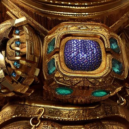 Image similar to A Dwemer chest filled with jewels and golden artefacts, 4k, hdri, museum quality photo