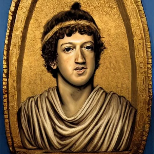 Prompt: mark zuckerberg as a roman noble. dressed in a toga. serious facial expression. on ancient roman fresco, detailed, well - preserved