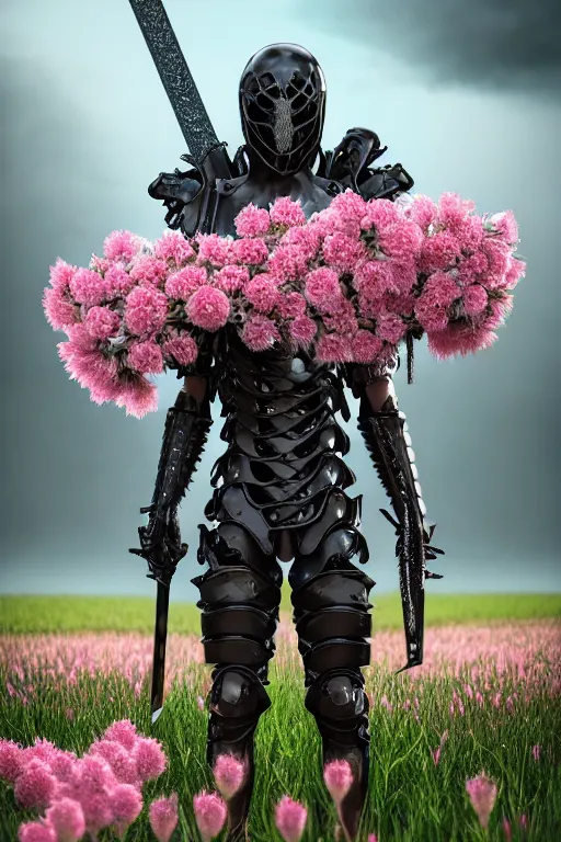 Image similar to hyperrealistic neo - gothic muscular human chimera hybrid, exoskeleton armor, holding katana, standing in a field of pink flowers, highly detailed smooth concept art masterpiece, vitaly bulgarov giger dramatic dark teal light, ground angle hd 8 k, sharp focus