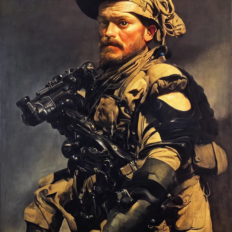 Prompt: portrait of a navy seal soldier, majestic, posing, face fine art portrait painting, strong light, clair obscur, fashion, by john martin, by hajime sorayama, by peter paul rubens, by caravaggio, by diego velazquez, by rembrandt