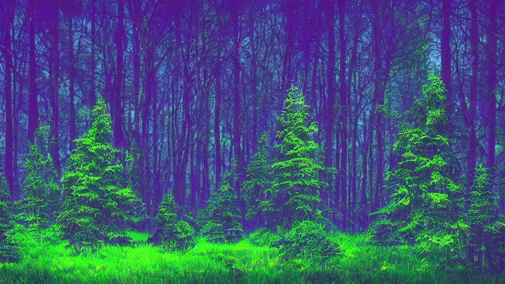 Prompt: portrait of an ethereal evergreen forest made of green and purple light, divine, cyberspace, mysterious, dark high-contrast concept art, log cabin made of blue light