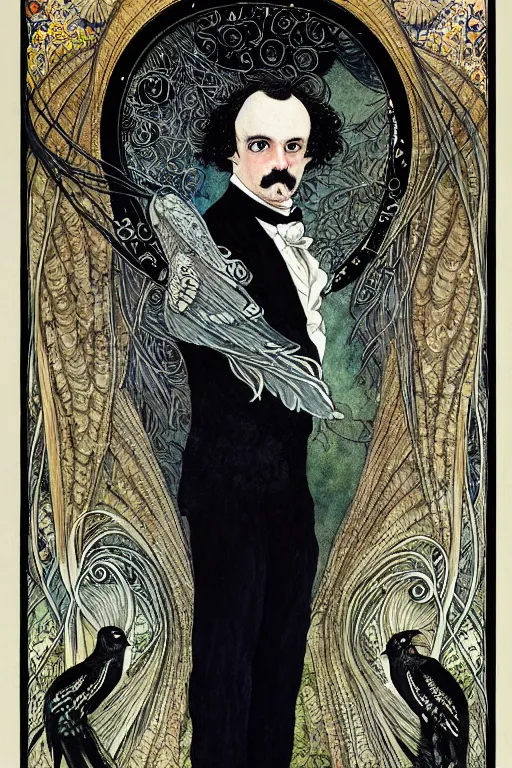 Prompt: realistic portrait of edgar allen poe in the center of an ornate black floral and black wings frame, detailed art by kay nielsen and walter crane, illustration style, watercolor