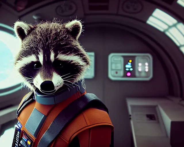 Prompt: 3 5 mm portrait, furry rocket the raccoon sitting in the cockpit of the millennium falcon from guardians of the galaxy, wearing storm trooper armor, soft volumetric lighting, cinematic,, octane, 8 k, photorealism!!