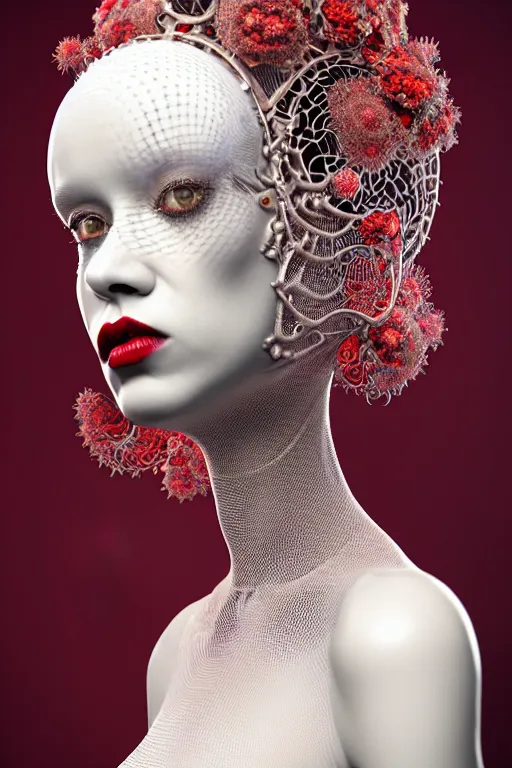 Image similar to complex 3 d render, hyper detailed ultrasharp beautiful biomechanical mandelbrot fractal steampunk filigree mesh wire female cyborg portrait with a porcelain profile face, albino afro, red lips, rim volumetric lights, elegant crown with hydrangea foliage leaves stems roots, alexander mcqueen haute couture, art nouveau fashion, hyperrealistic, octane render, 8 k