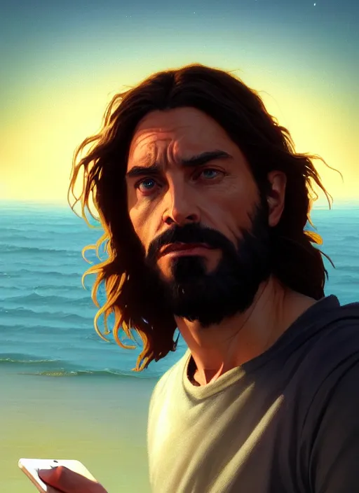 Image similar to Highly detailed portrait of jesus christ taking a selfie with an iphone, in GTA V, Stephen Bliss, unreal engine, fantasy art by Greg Rutkowski, Loish, Rhads, ferdinand knab, Makoto Shinkai and Lois van baarle, ilya kuvshinov, rossdraws, Tom Bagshaw, alphonse mucha, global illumination, radiant light, detailed and intricate environment