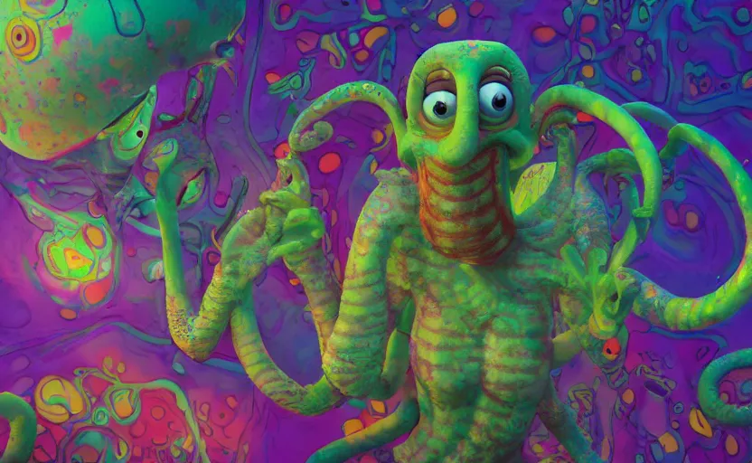 Image similar to squidward taking an acid trip, digital painting, octane render, psychedelic, intricate detail, highly detailed
