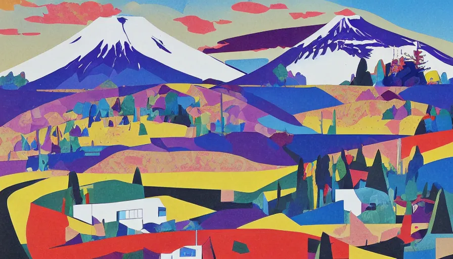 Image similar to award winning graphic design poster, cutouts constructing an contemporary art depicting a lone mount fuji and hills, rural splendor, and bullet train, isolated on white, and bountiful crafts, local foods, edgy and eccentric abstract cubist realism, composition confined and isolated on white, mixed media painting by Leslie David and Lisa Frank for juxtapose magazine