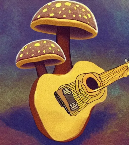 Image similar to a toad playing guitar on a mushroom