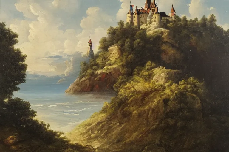 Image similar to a landscape painting of a german castle on the cliff