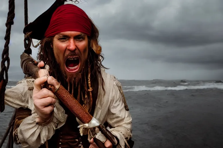 Prompt: closeup old pirate yelling holding wielding cutlass sword on an old pirate ship, stormy waves rain, lantern light by emmanuel lubezki