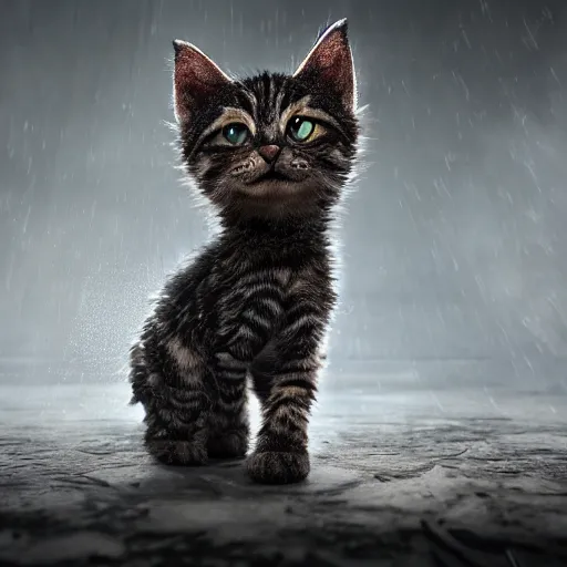 Image similar to full body pose, hyperrealistic photograph of a monster kitten, dim volumetric lighting, 8 k, octane beautifully detailed render, extremely hyper detailed, intricate, epic composition, cinematic lighting, masterpiece, trending on artstation, very very detailed, stunning, hdr, smooth, sharp focus, high resolution, award, winning photo, dslr, 5 0 mm