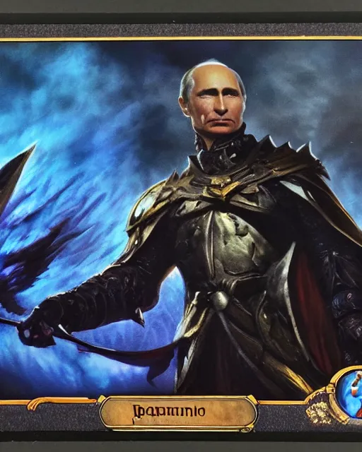 Prompt: a photo framing a complete Magic the Gathering card, depicting Vladimir Putin, as a Dark knight, high quality, 8k,