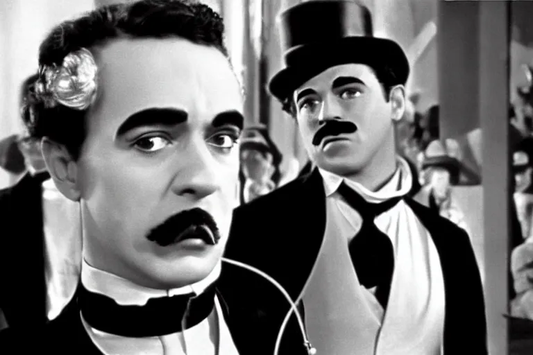 Image similar to Antonio Banderas as Charlie Chaplin in 'My Chap Chaplin' (1968), movie still frame, promotional image, imax 70 mm footage, oscar nominated cinematography, volumetric lighting, 8k resolution