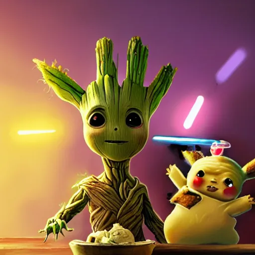 Image similar to Groot and baby Yoda eating an ice cream. In the back we see Pikachu, very detailed and beautiful lighting !highly detalied, 8k, artstation, by Rolf Armstron