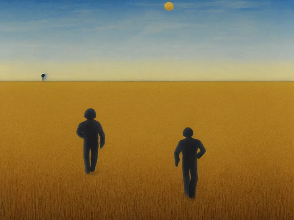 Image similar to a painting of a lonely figure walking away in a wheat field with planet circles above the horizon on a bright noon, minimalistic, sharp edges, elegant, highly detailed, digital painting, artstation, concept art, smooth, sharp focus, colored illustration for tattoo, art by krenz cushart and rene magritte and david inshaw,