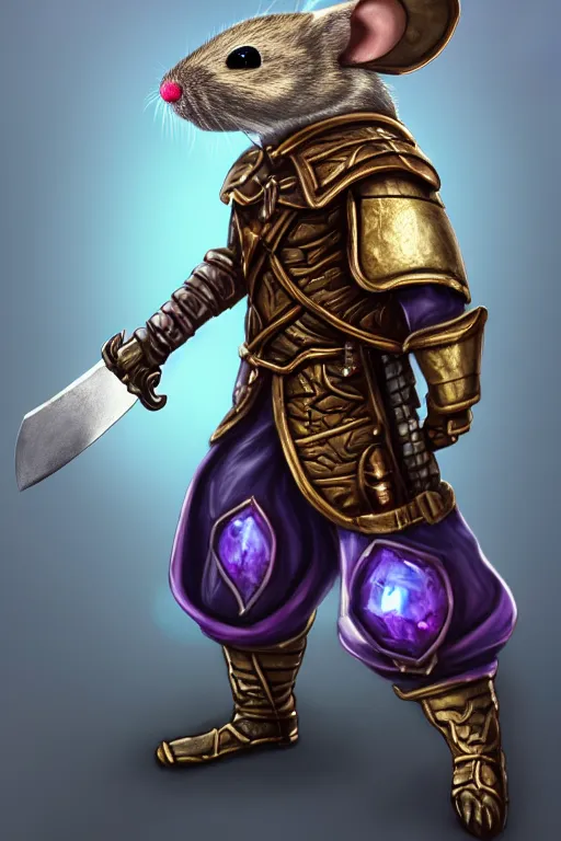 Prompt: armored mouse warrior holding a sword in one hand and reaching for a floating purple crystal with the other, trending on Artstation, rpg portrait, 8k, uhd