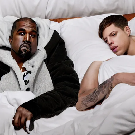 Prompt: Kanye west in a bed with Pete Davidson