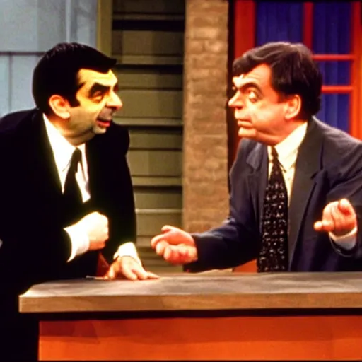 Image similar to mr. bean on the jerry springer show fighting with another guest. 3 5 mm film, movie still, tv show, talkshow