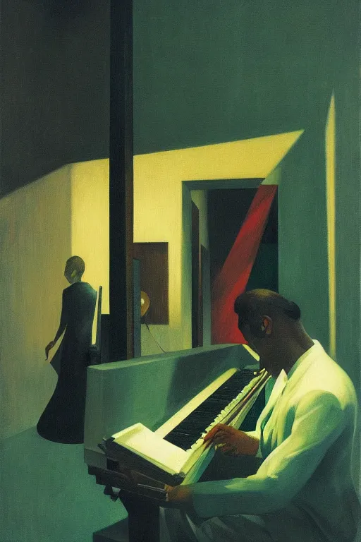 Prompt: a Jazz music and beat poetry performance on night club, Edward Hopper and James Gilleard, Zdzislaw Beksisnski, highly detailed
