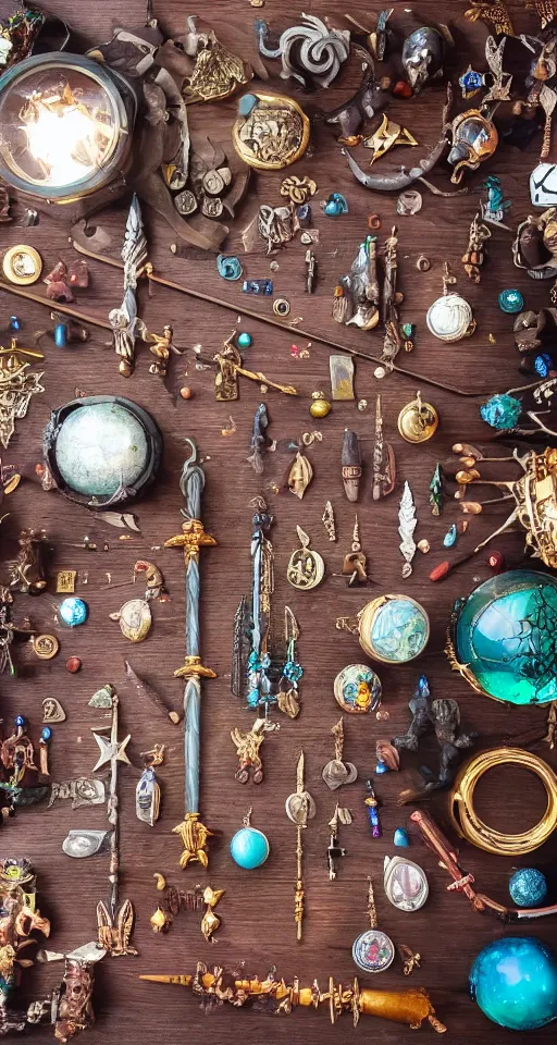 Prompt: a knolling of magical weapons, glowing potions, amulets, wands, spell-books and other magical apparatus, top down view, overhead view, flatlay