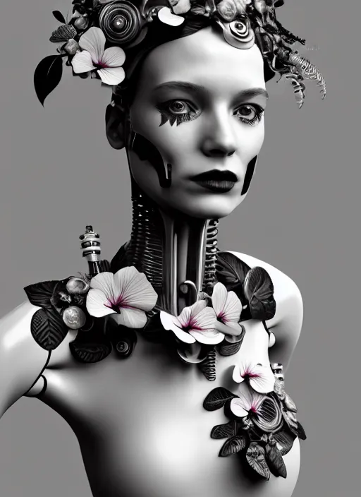 Image similar to monochrome 3 d model, biomechanical beautiful young female cyborg with porcelain profile face and a big floral eye, volumetric light, leaves foliage and stems, hibiscus flowers, boho floral vines, sinuous fine roots, fine foliage lace, alexander mcqueen, rim light, big gothic fashion pearl embroidered collar, steampunk, octane render, 8 k