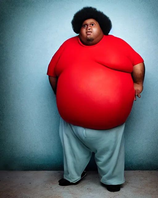 Prompt: Studio Photograph of a real life Super morbidly obese 800 pound American teenager Fat Albert in the Style of Annie Leibovitz,