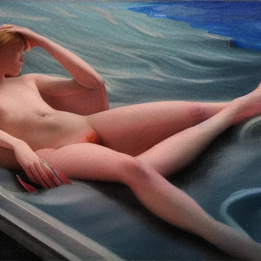 Prompt: Elle Fanning drowning at night in the world of Edward Hopper, stormy snowy weather, extremely detailed masterpiece, oil on canvas, low-key neon lighting, artstation, Blade Runner 2049, Roger Deakin’s cinematography, by J. C. Leyendecker and Peter Paul Rubens,