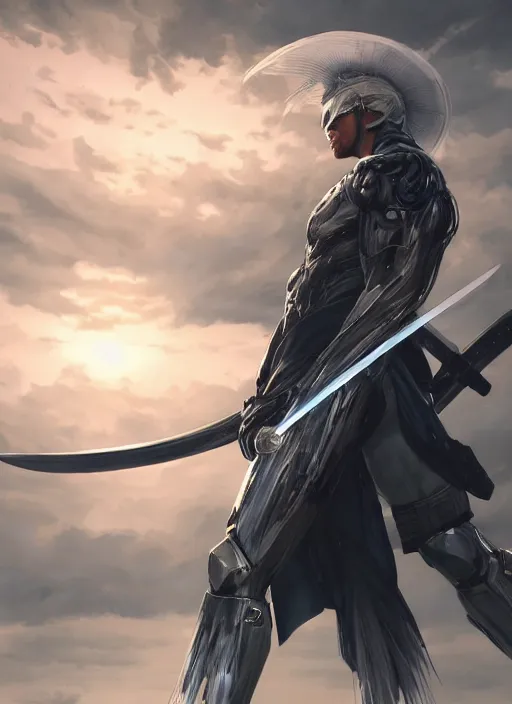 Image similar to a photorealistic hyperrealistic render of a raiden metal gear rising revengeance wielding a katana sword and wearing a asian conical hat, huge lightning from his hands, greg rutkowski, wlop, artgerm, dramatic moody sunset lighting, long shadows, volumetric, cinematic atmosphere, octane render, artstation, 8 k
