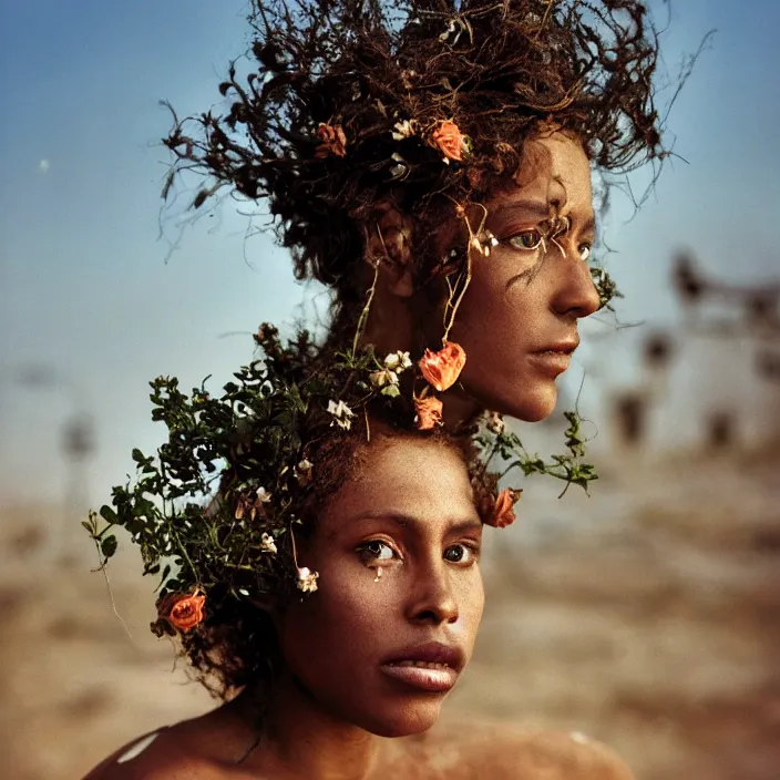 Image similar to closeup portrait of a woman with roots and roses growing out of her face, standing in a desolate apocalyptic city, by Annie Leibovitz and Steve McCurry, natural light, detailed face, CANON Eos C300, ƒ1.8, 35mm, 8K, medium-format print