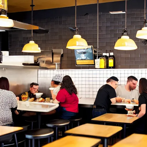 Image similar to busy wafflehouse interior with customers eating breakfast and wafflehouse employees serving food and cooking behind countertop bar that has customers sitting at