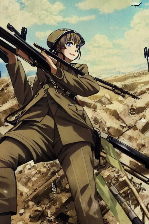 Image similar to anime key visual of tanya degurechaff aiming down a bolt action rifle, official digital media illustrated by artist so - bin, 1 9 1 8 colorized footage of the great war, trenches bombs, trending on artstation